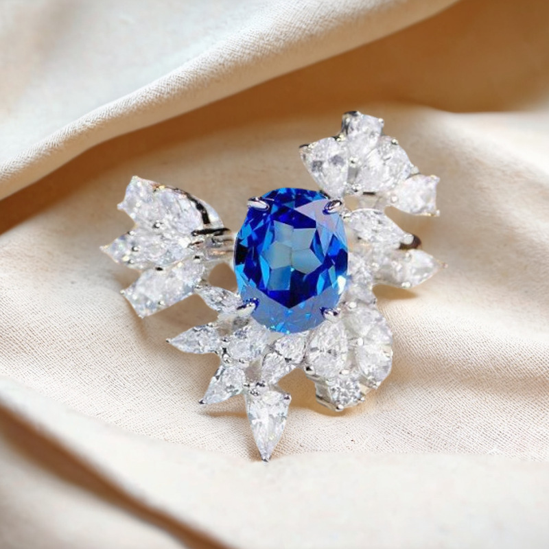 S925 Ring Flower Sapphire Open Niche Full Diamond Ring