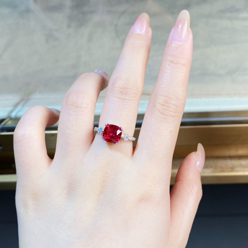 925 Sterling Silver Pigeon Blood Red 3 Carat Square Diamond Ring