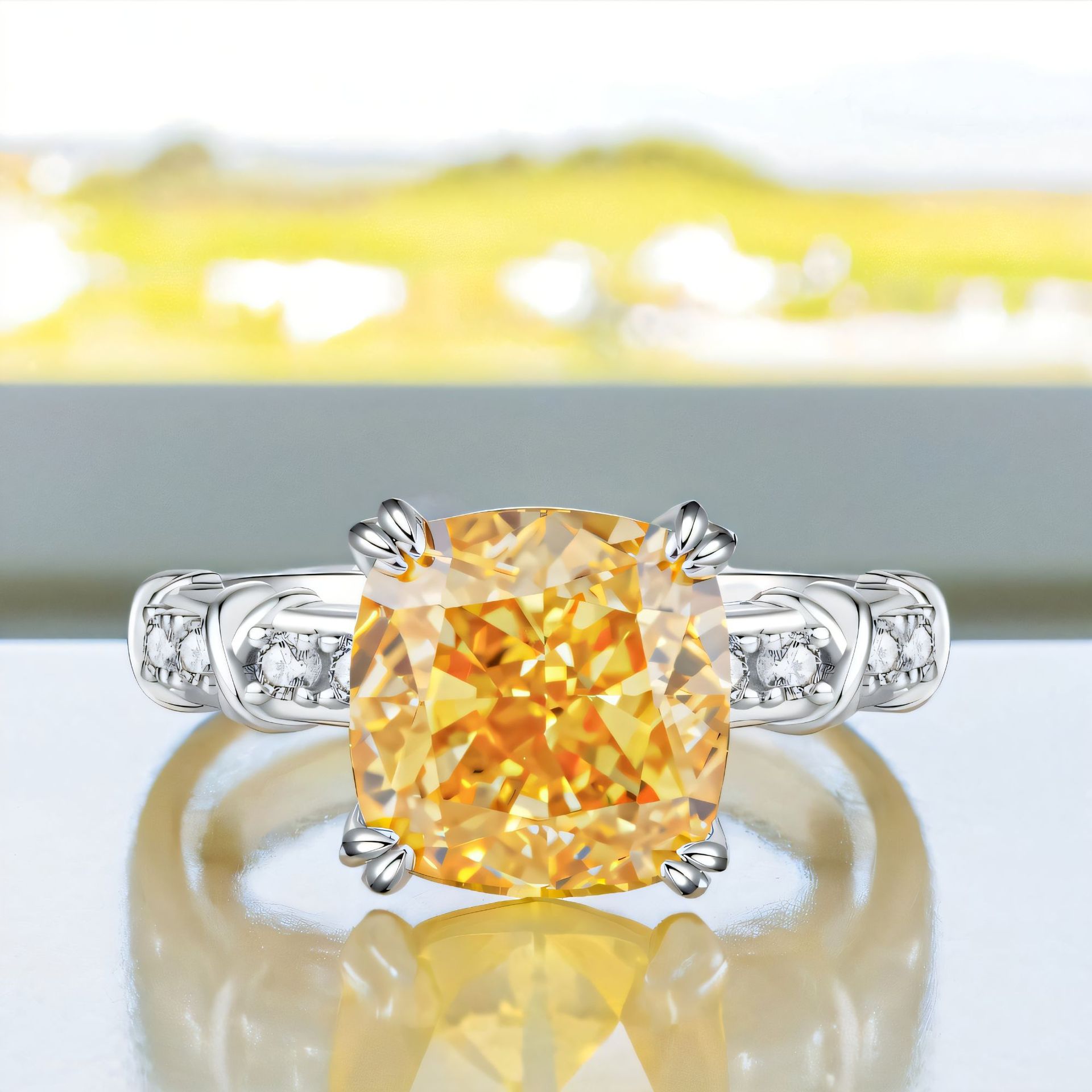 S925 Sterling Silver Cross Ring Yellow Diamond Ice Flower Cut Ring for Women