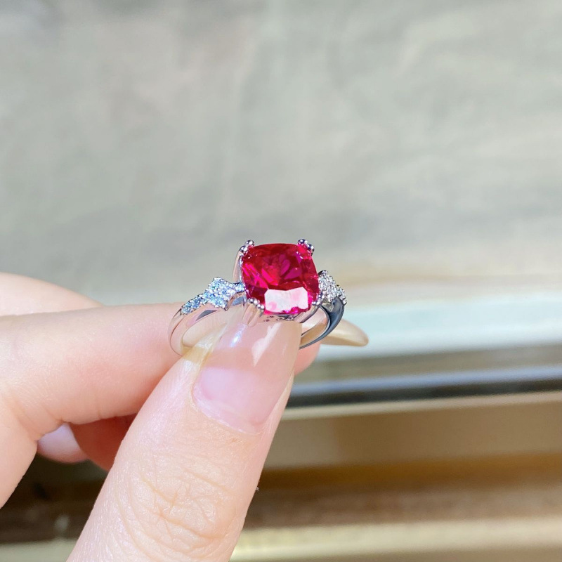 925 Sterling Silver Pigeon Blood Red 3 Carat Square Diamond Ring