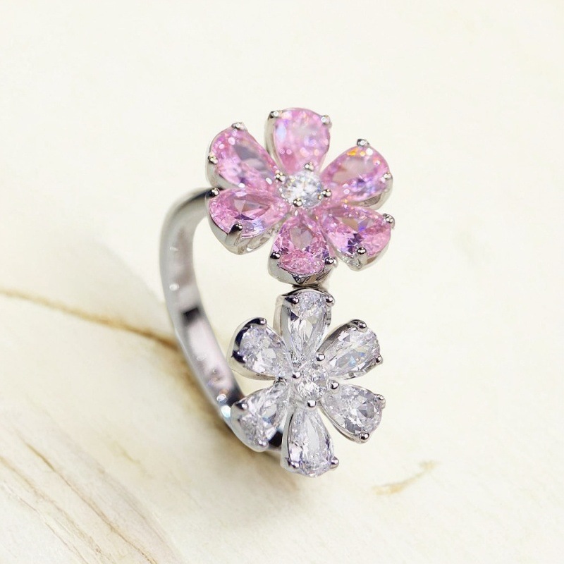 Cross-border Jewelry S925 Sterling Silver Ring Inlaid with Pink Flower Adjustable Zircon Ring