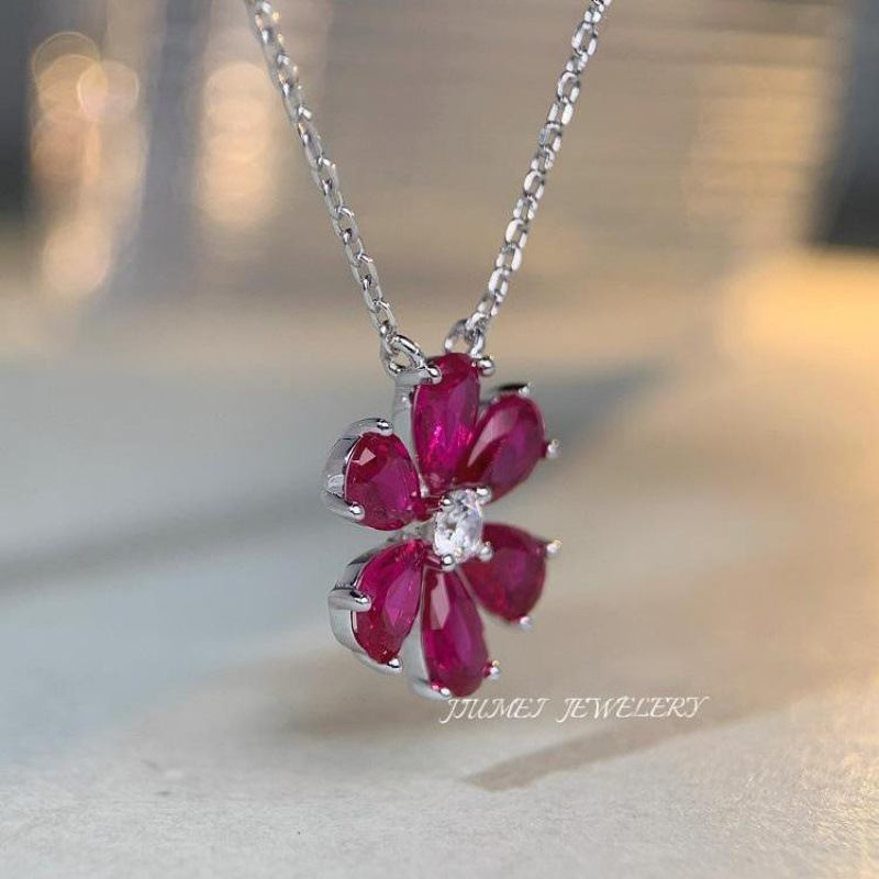 S925 Silver Camellia Necklace for Women with Ruby Daisy Flower Collarbone Chain Korean and Japanese Style Versatile Full Diamond Chain