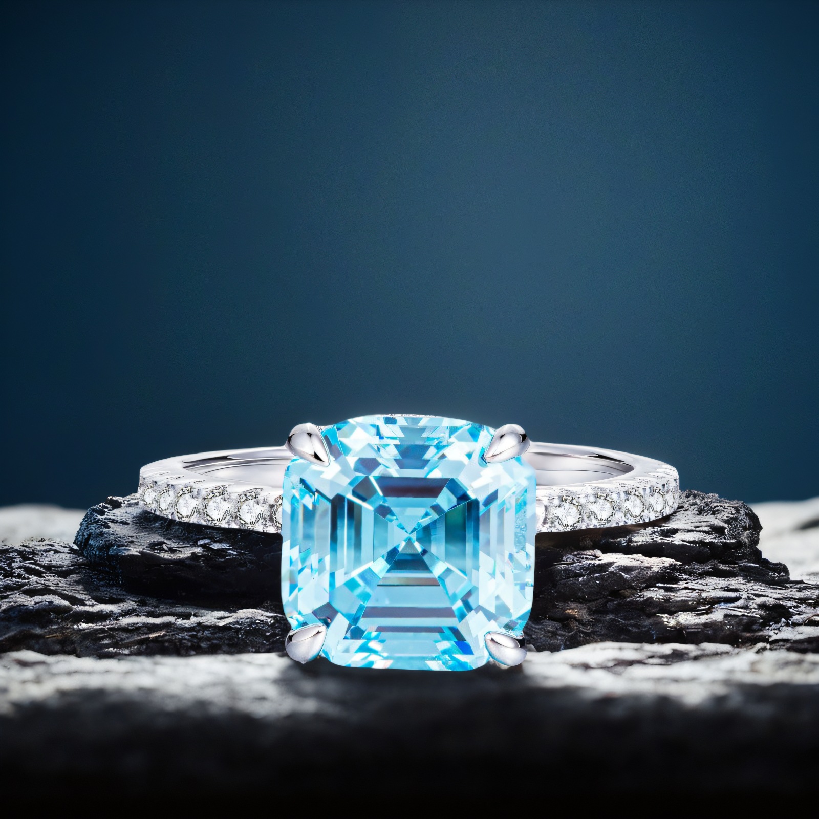 925 Sterling Silver Aquamarine Ring for Women Asscher Cut 9X9 Pagoda