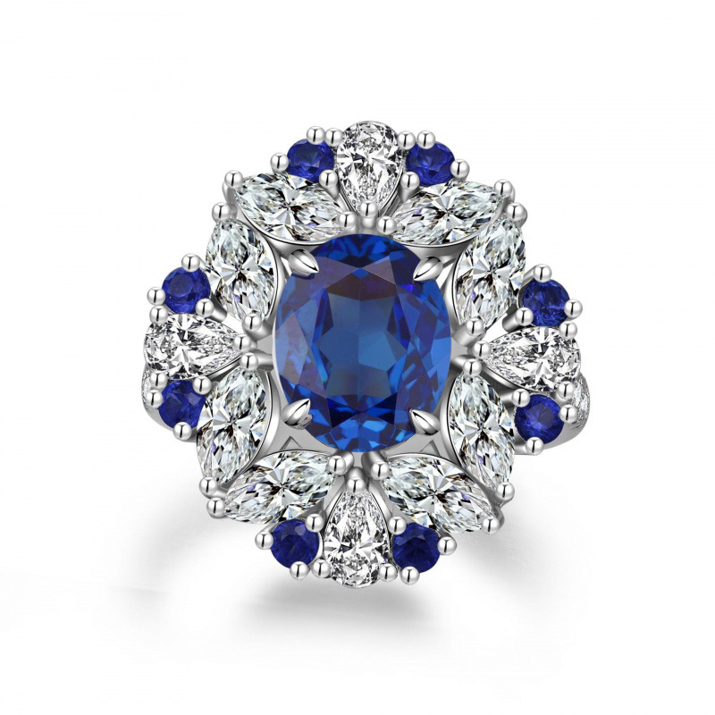 S925 Sterling Silver Ring for Women with Blue Sapphire Aquamarine Full Diamond Gemstone