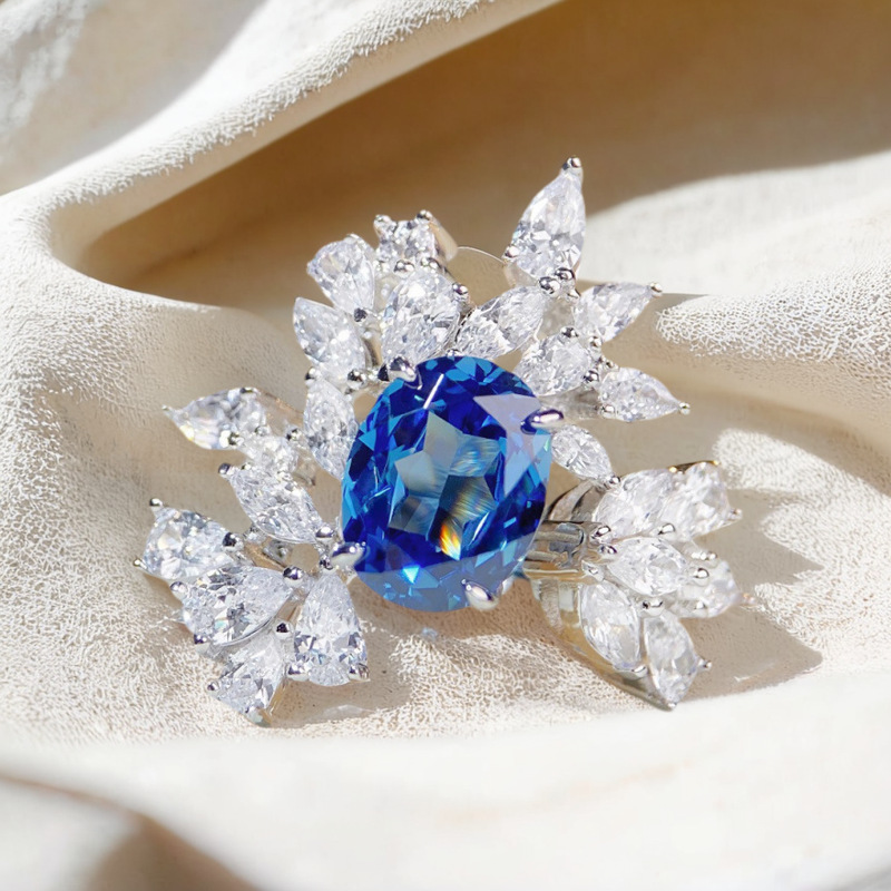 S925 Ring Flower Sapphire Open Niche Full Diamond Ring
