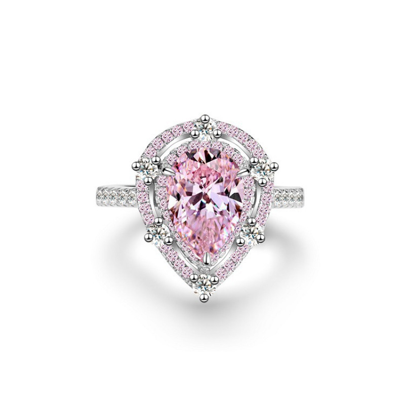 S925 Sterling Silver Ring Hot Sale Water Drop Pink Diamond 3 Carat Crystal Gemstone