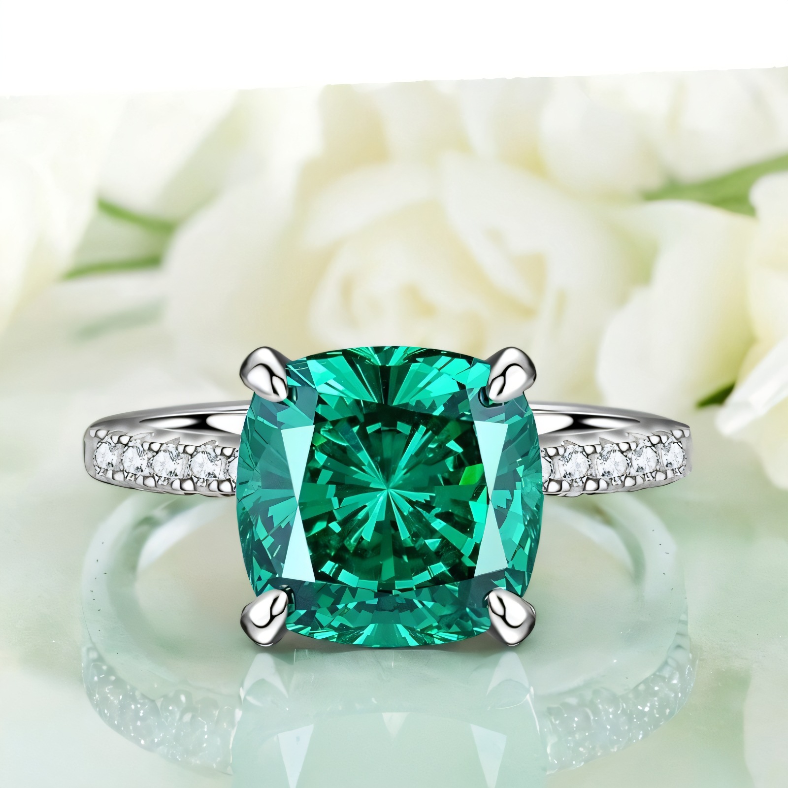 S925 Sterling Silver Gemstone Ring for Women, Emerald Green Paraiba Green