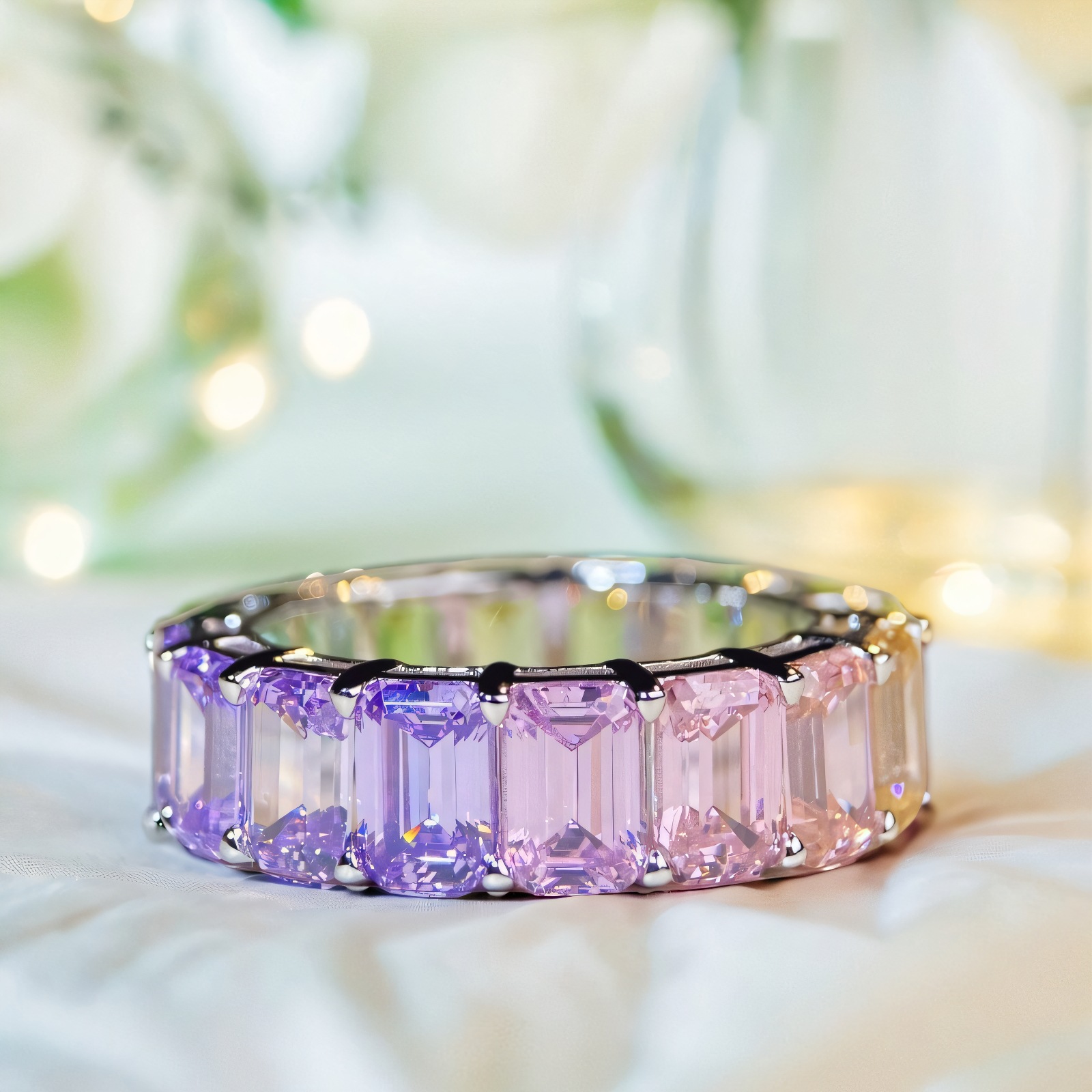 European and American Cross-Border S925 Sterling Silver Rainbow Row Ring for Women 5A Zircon Pagoda Emerald Cut Rainbow Color Ring Wholesale