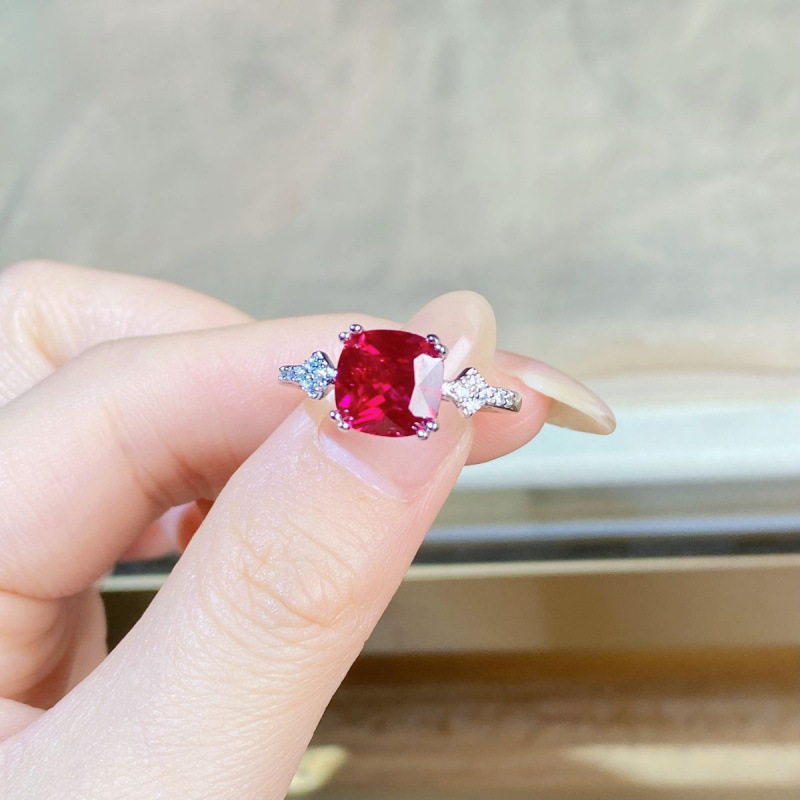 925 Sterling Silver Pigeon Blood Red 3 Carat Square Diamond Ring