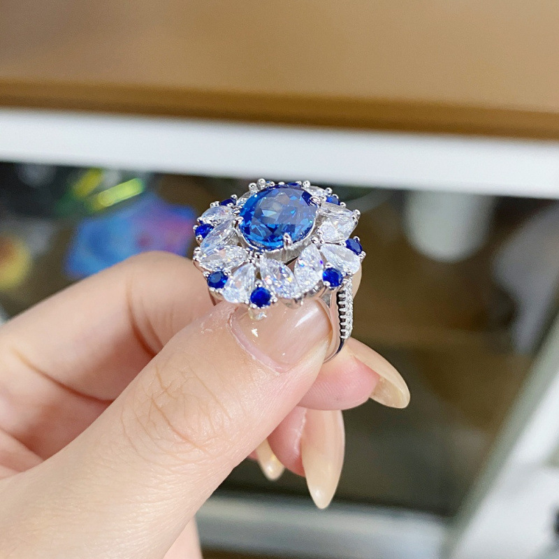 S925 Sterling Silver Ring for Women with Blue Sapphire Aquamarine Full Diamond Gemstone