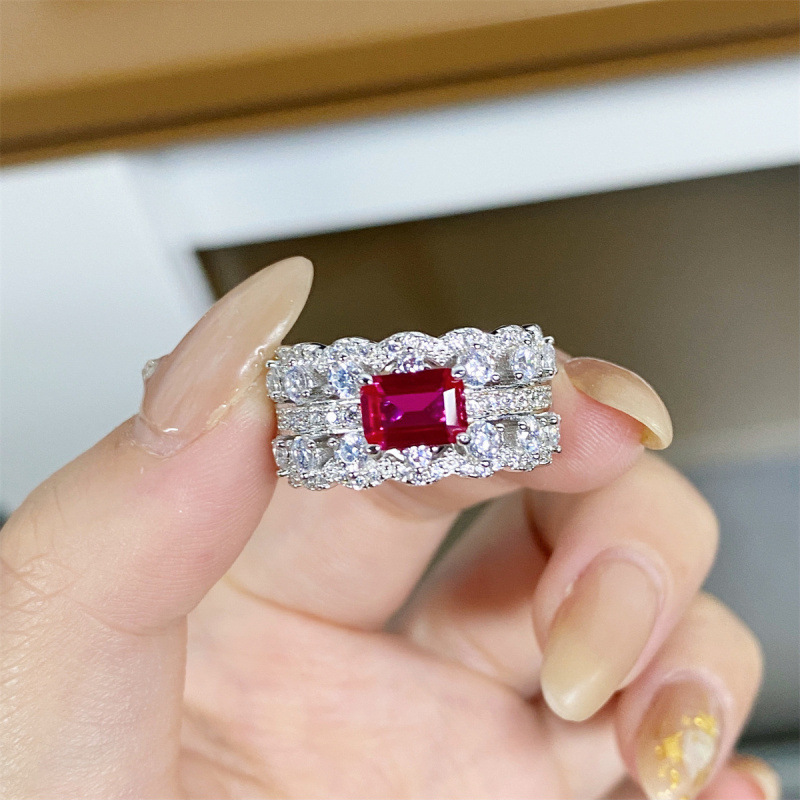 S925 Sterling Silver Lace Ring for Women with Ruby, Red Corundum, Emerald, and Cut Diamond, Simple and Versatile Unisex Design