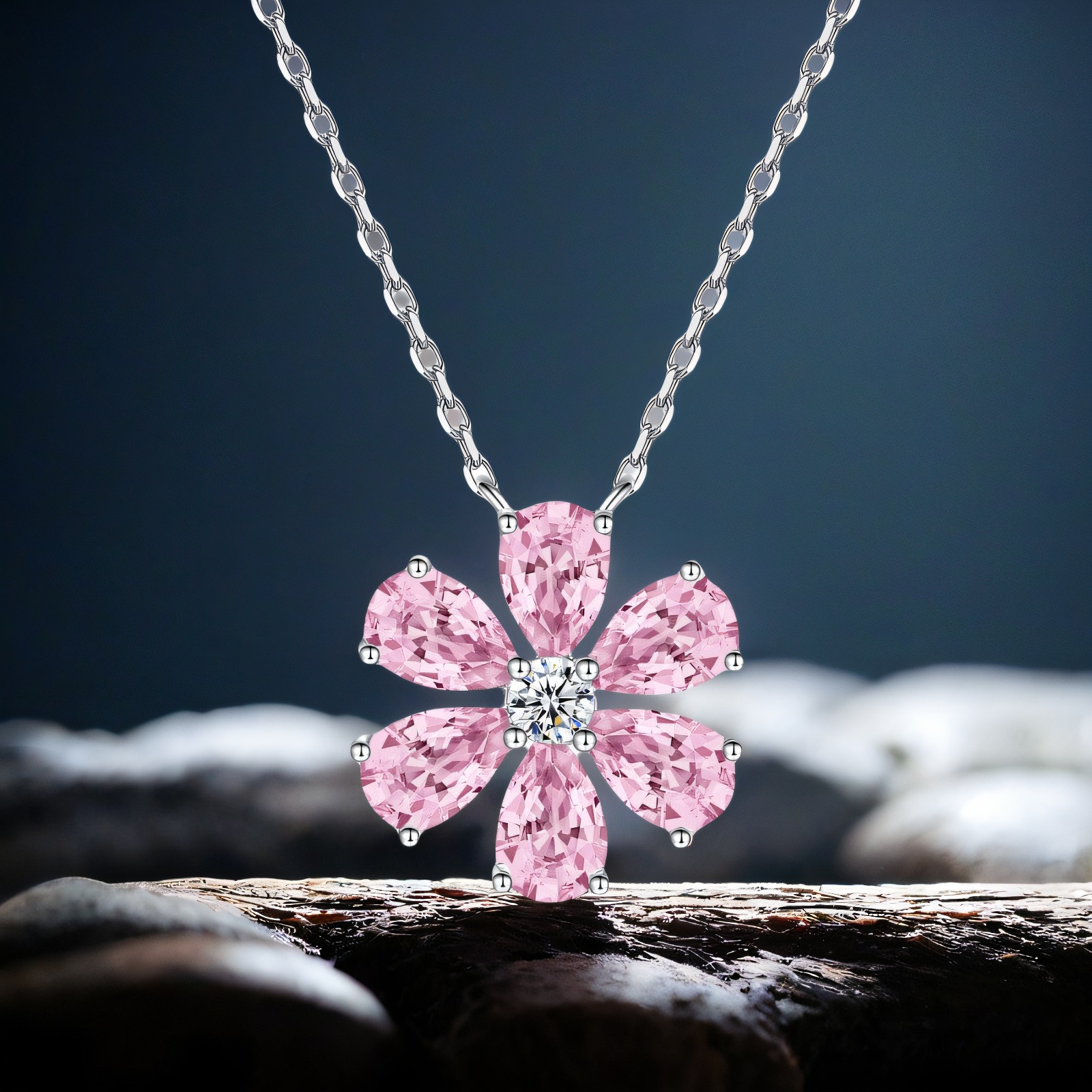 S925 Sterling Silver Necklace Simple Niche Pink Diamond Flower