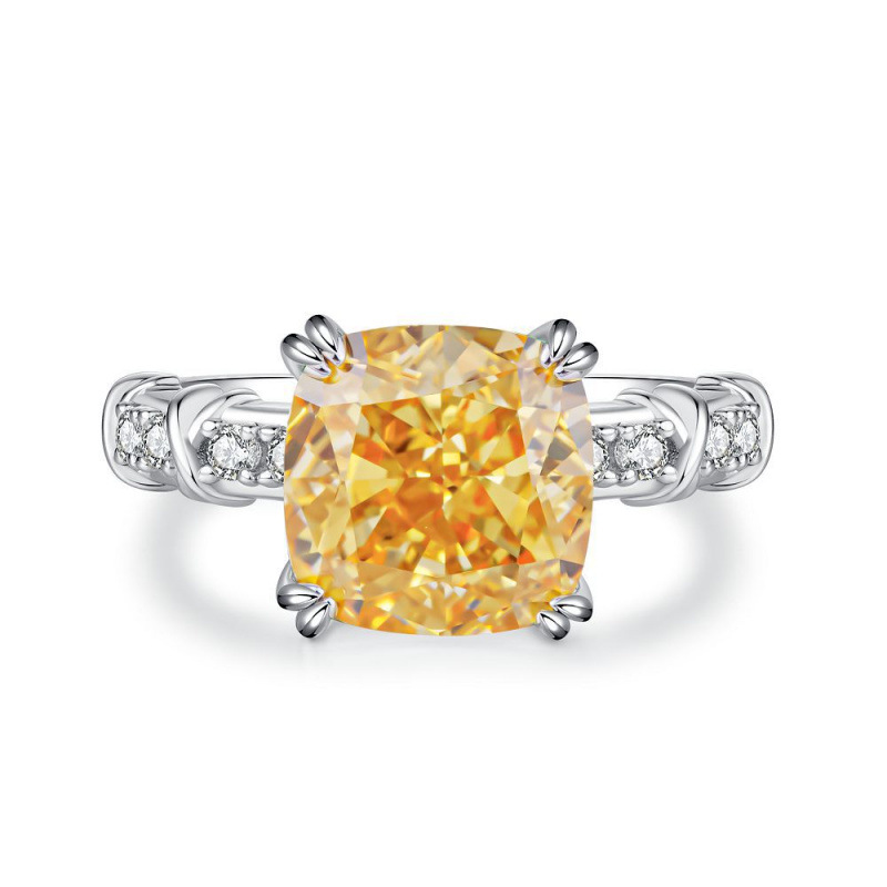 S925 Sterling Silver Cross Ring Yellow Diamond Ice Flower Cut Ring for Women