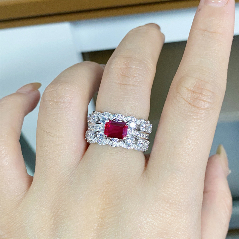 S925 Sterling Silver Lace Ring for Women with Ruby, Red Corundum, Emerald, and Cut Diamond, Simple and Versatile Unisex Design