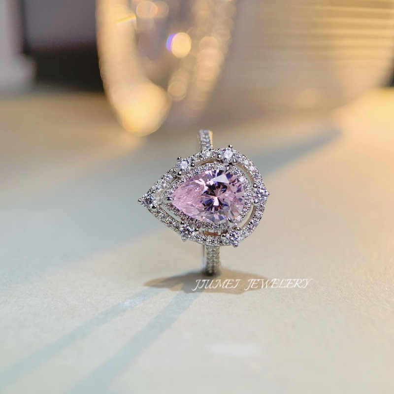 S925 Sterling Silver Ring Hot Sale Water Drop Pink Diamond 3 Carat Crystal Gemstone