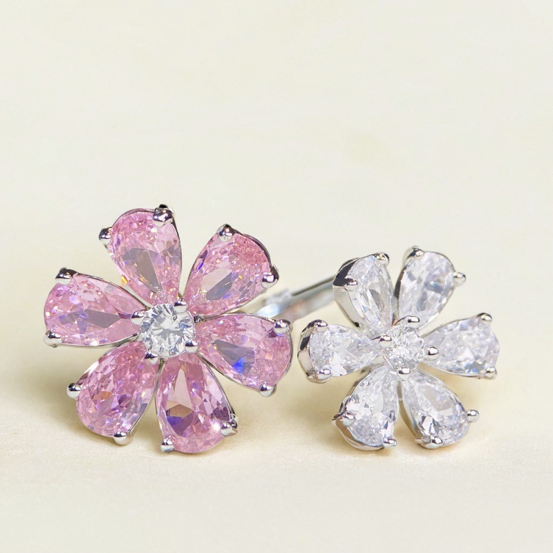 Cross-border Jewelry S925 Sterling Silver Ring Inlaid with Pink Flower Adjustable Zircon Ring
