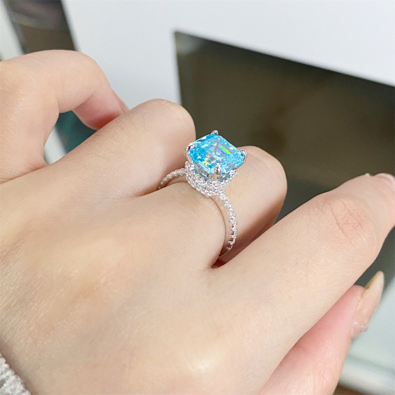 925 Sterling Silver Aquamarine Ring for Women Asscher Cut 9X9 Pagoda