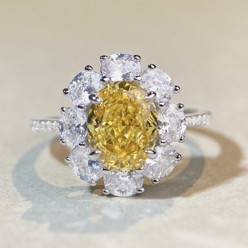 S925 Sterling Silver Ring for Women Ice Flower Cut Yellow Diamond Ring Yellow Diamond Sunflower