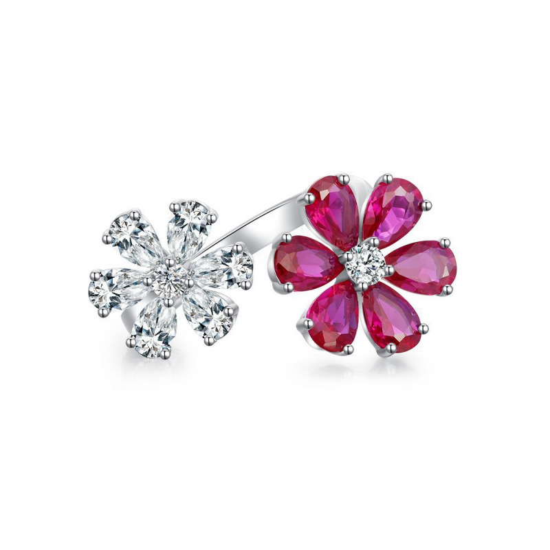Cross-border Jewelry S925 Sterling Silver Ring Inlaid with Pink Flower Adjustable Zircon Ring