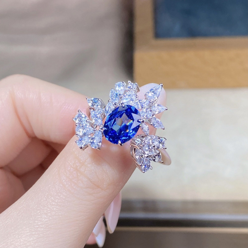 S925 Ring Flower Sapphire Open Niche Full Diamond Ring