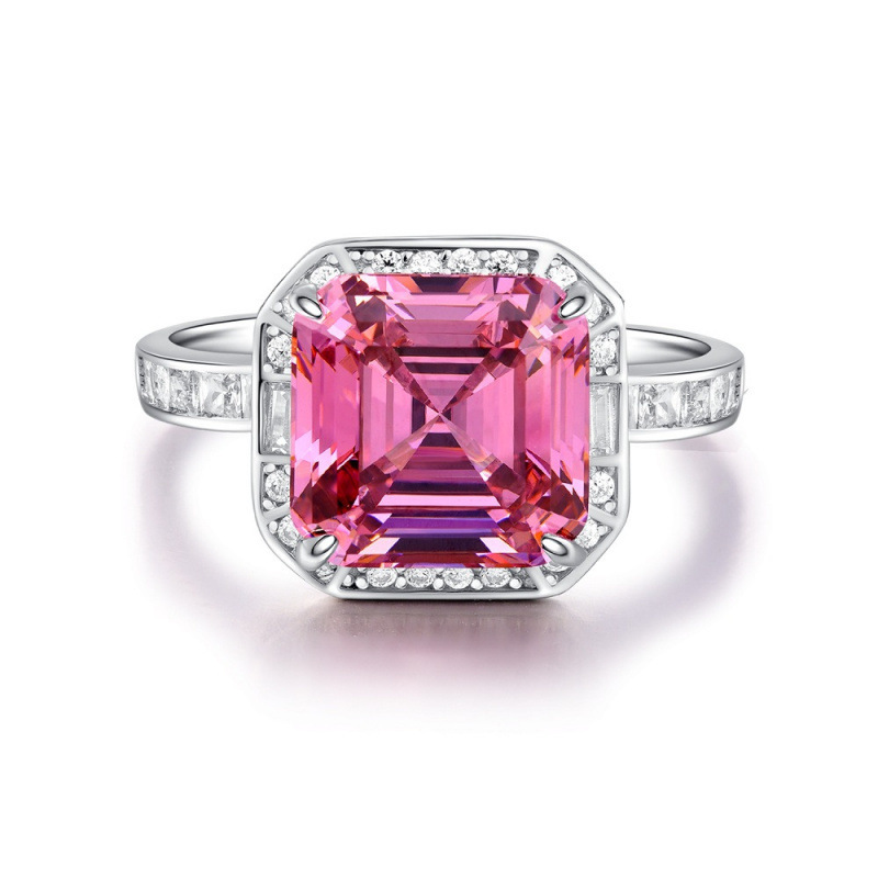 Cross-Border E-commerce S925 Sterling Silver Pink Diamond Ring for Women Rouge Deep Pink Tourmaline Gemstone Ring Full Diamond Square Bag Style TikTok