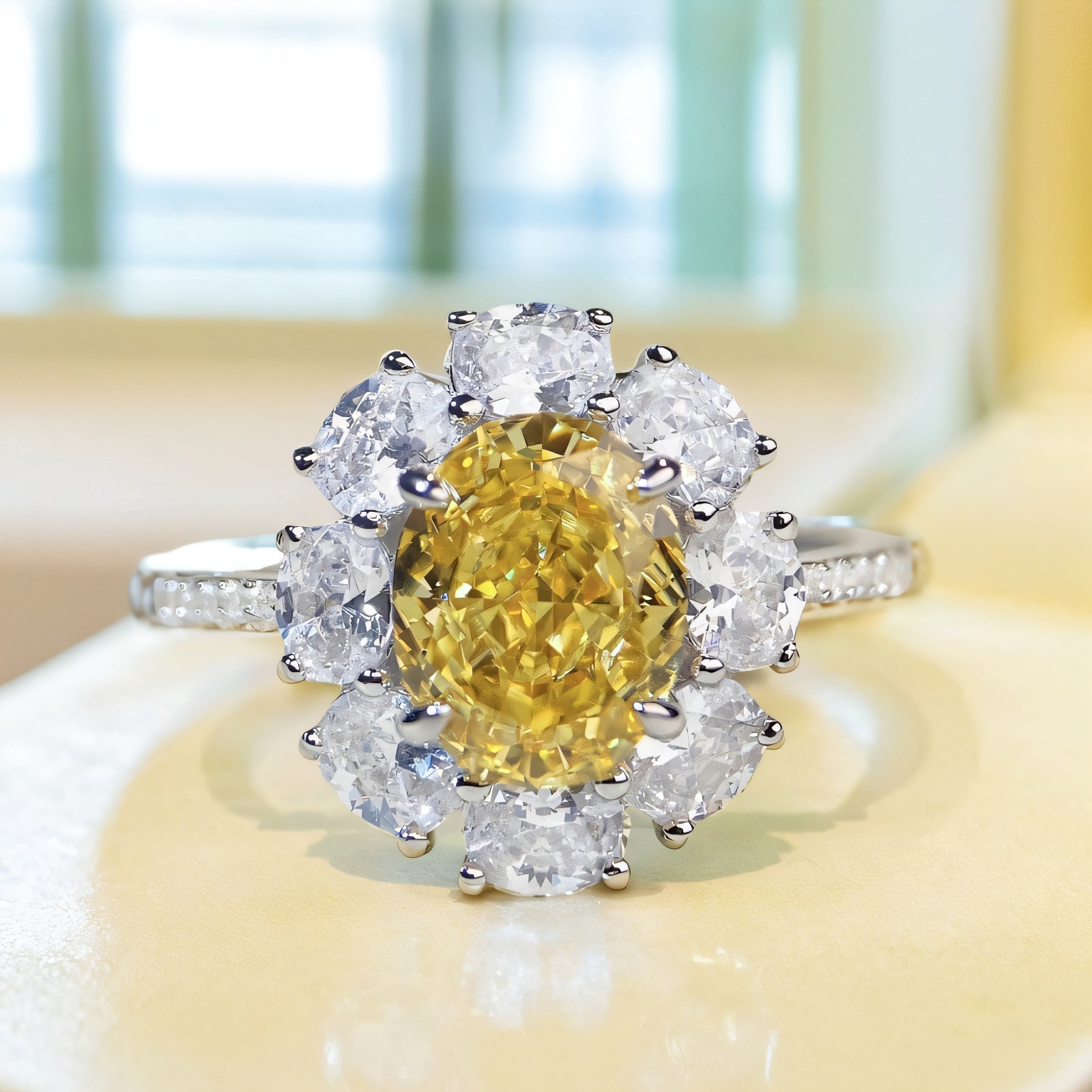 S925 Sterling Silver Ring for Women Ice Flower Cut Yellow Diamond Ring Yellow Diamond Sunflower