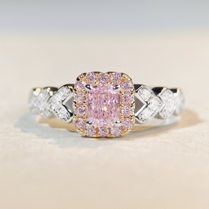 S925 Sterling Silver Pink Diamond Ring for Women Cute Ins Style Simple Pink Heart Ice Flower Cut
