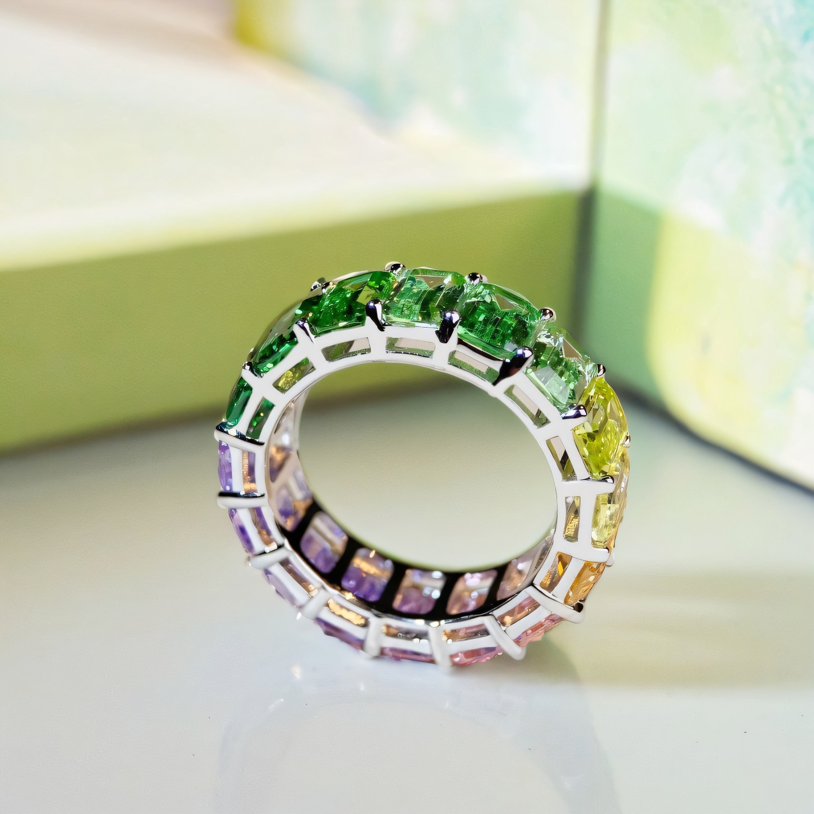 European and American Cross-Border S925 Sterling Silver Rainbow Row Ring for Women 5A Zircon Pagoda Emerald Cut Rainbow Color Ring Wholesale