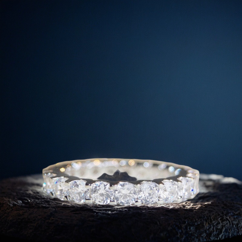 S925 Sterling Silver Seven Princess Row Ring for Women, Stackable Simple Zircon High Carbon Diamond 10 Carat Diamond Ring, Versatile Women's Ring