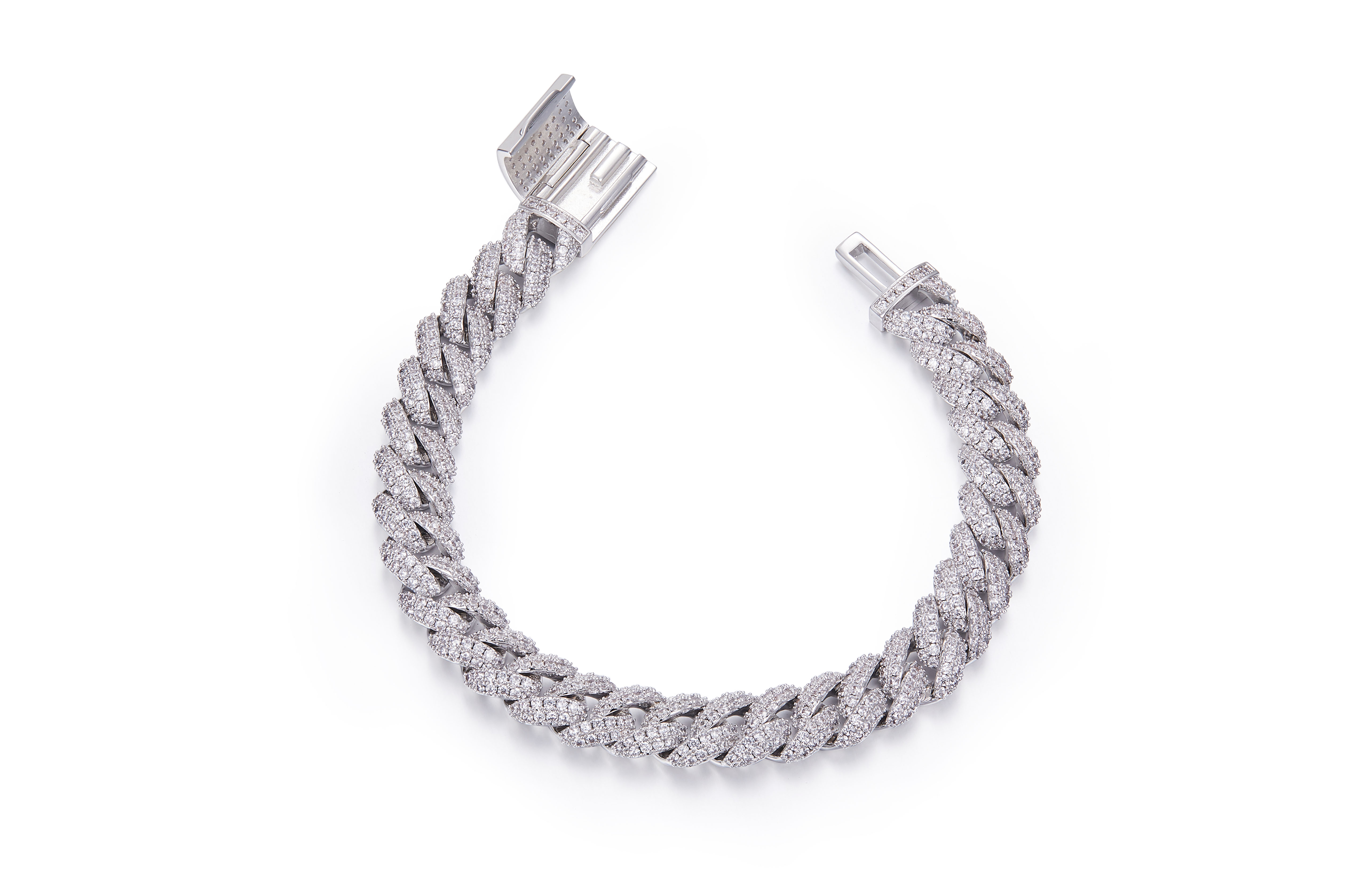10mm Wide Cuban Chain S925 Silver with Moissan Diamonds Criolite Round White DVVS