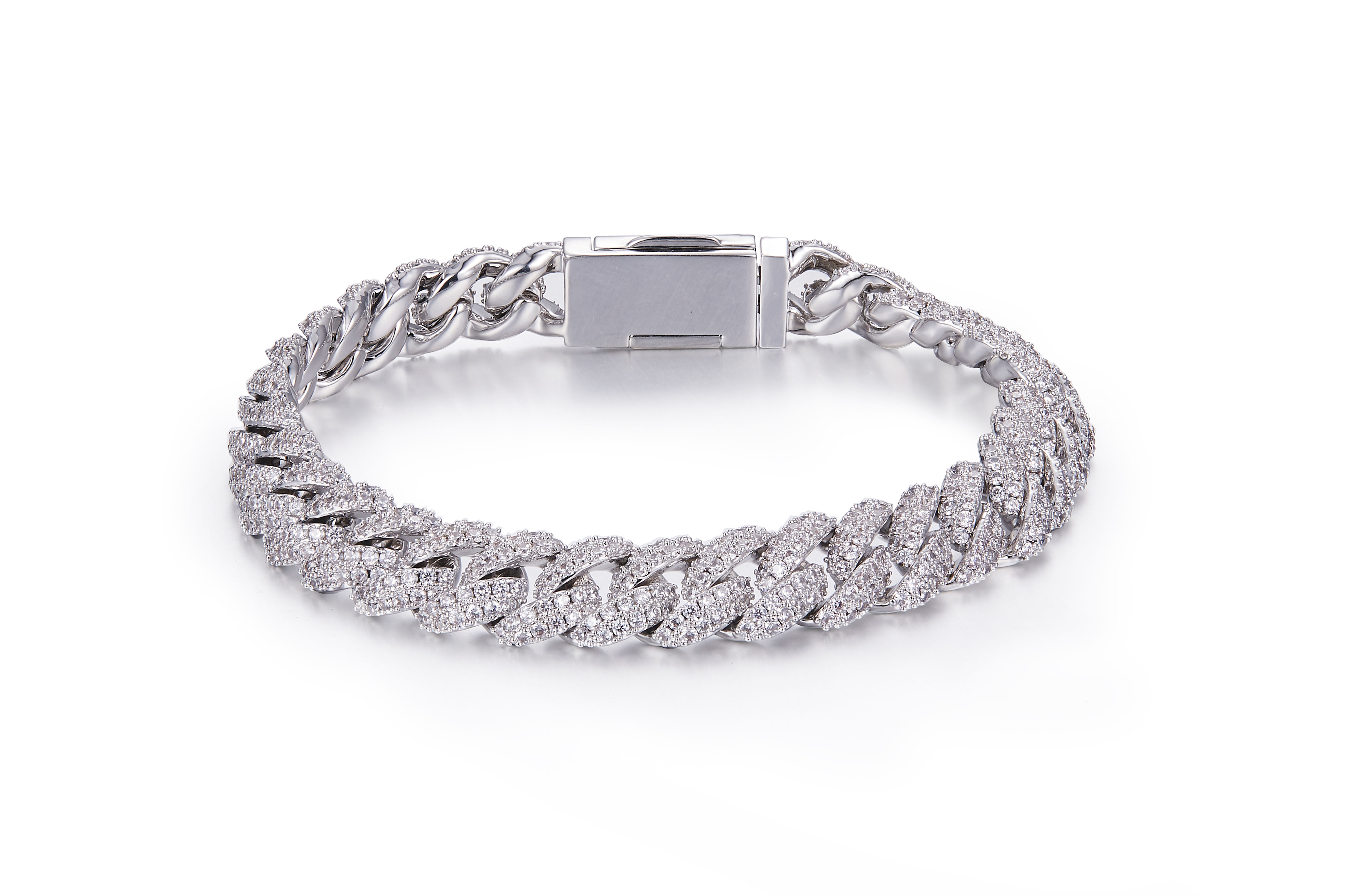 10mm Wide Cuban Chain S925 Silver with Moissan Diamonds Criolite Round White DVVS