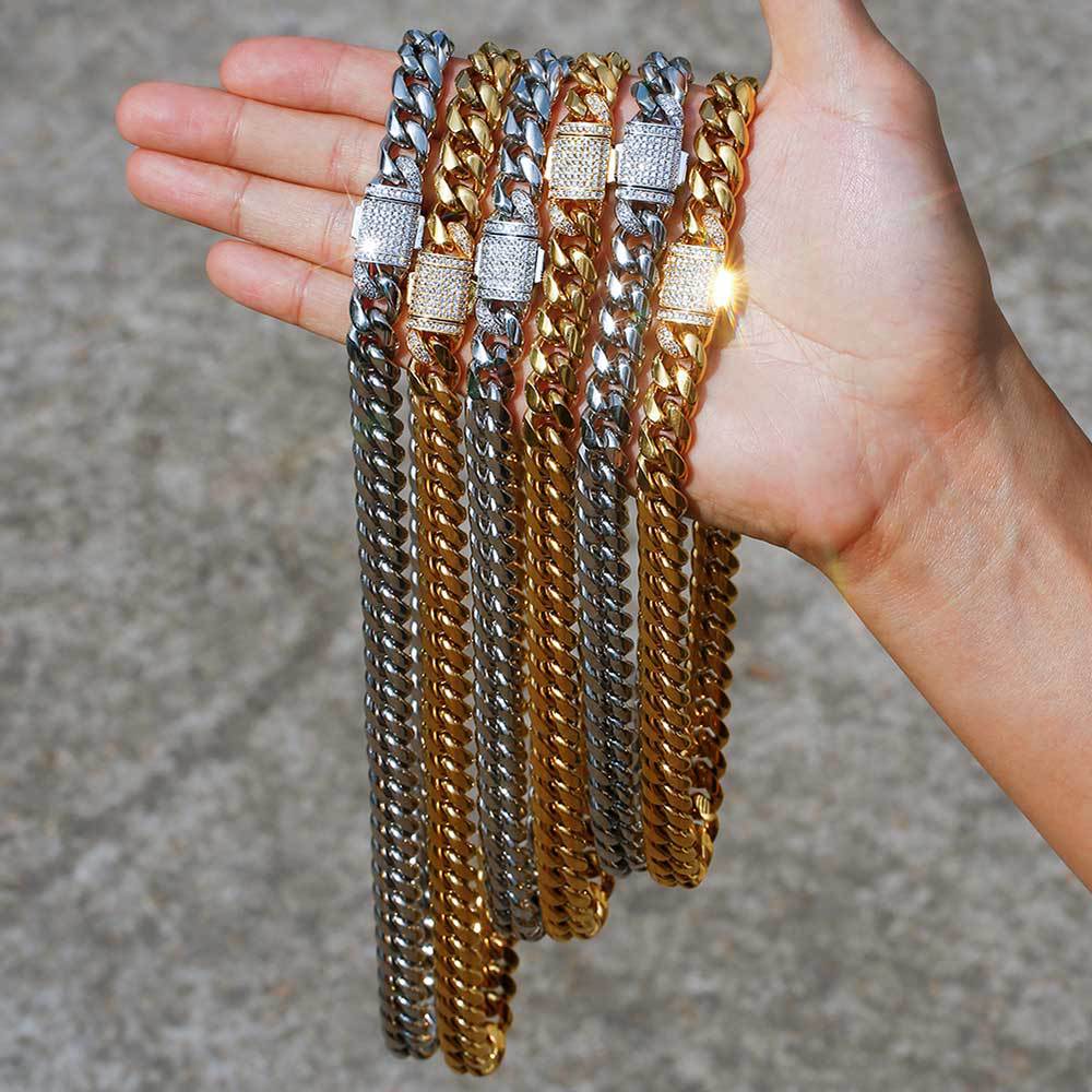 Cuban Chain Hip Hop Necklace Miami Zircon Spring Clasp Men's Necklace Bracelet Trendy Jewelry