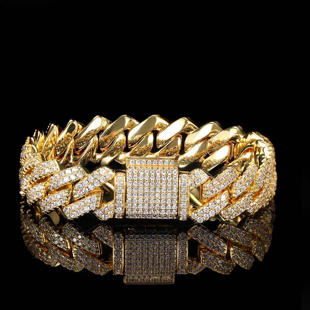 Hip Hop Bracelet 14mm Diamond Cuban Chain Micro Paved Zircon Bracelet Trendy Brand Bar Shape Men's Bracelet