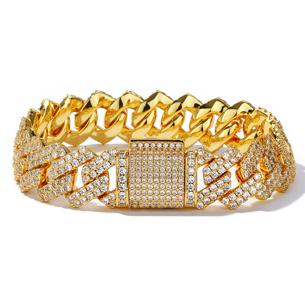 Hip Hop Bracelet 14mm Diamond Cuban Chain Micro Paved Zircon Bracelet Trendy Brand Bar Shape Men's Bracelet