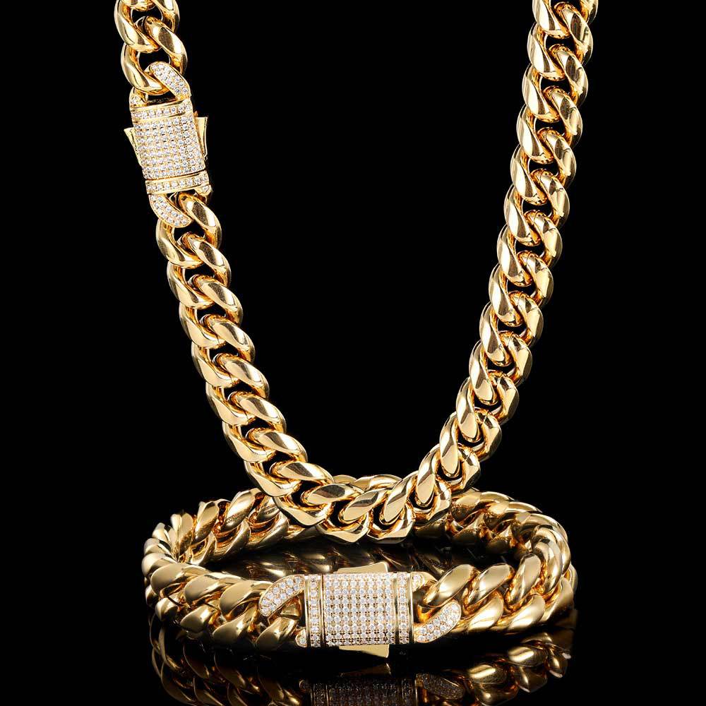 Cuban Chain Hip Hop Necklace Miami Zircon Spring Clasp Men's Necklace Bracelet Trendy Jewelry