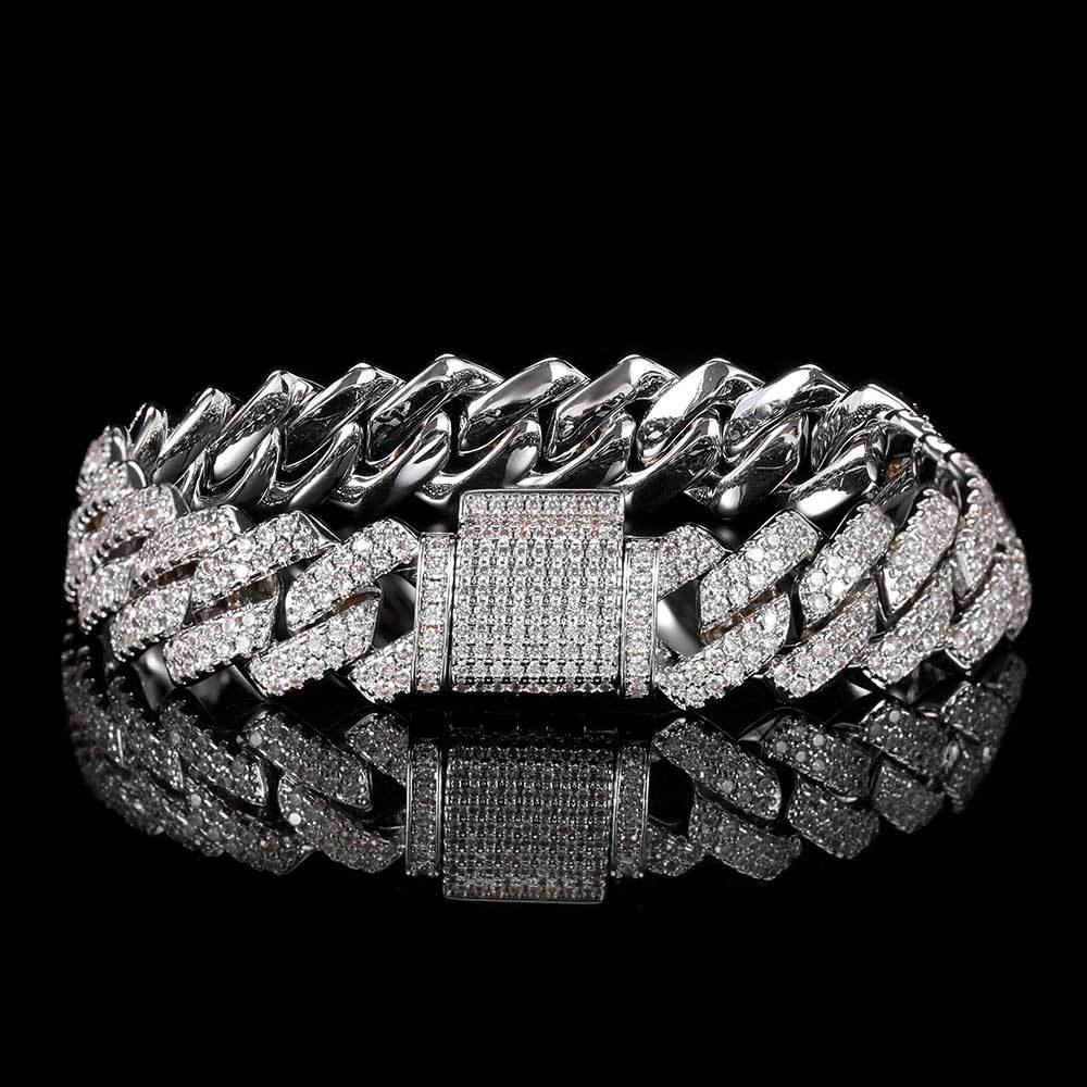 Hip Hop Bracelet 14mm Diamond Cuban Chain Micro Paved Zircon Bracelet Trendy Brand Bar Shape Men's Bracelet