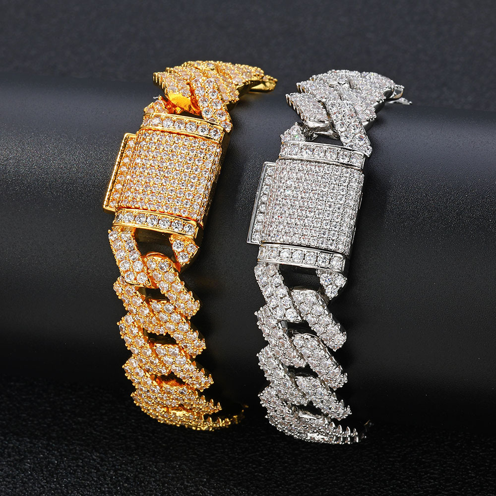 Hip Hop Bracelet 14mm Diamond Cuban Chain Micro Paved Zircon Bracelet Trendy Brand Bar Shape Men's Bracelet