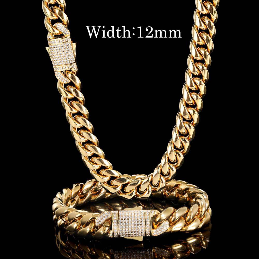 Cuban Chain Hip Hop Necklace Miami Zircon Spring Clasp Men's Necklace Bracelet Trendy Jewelry