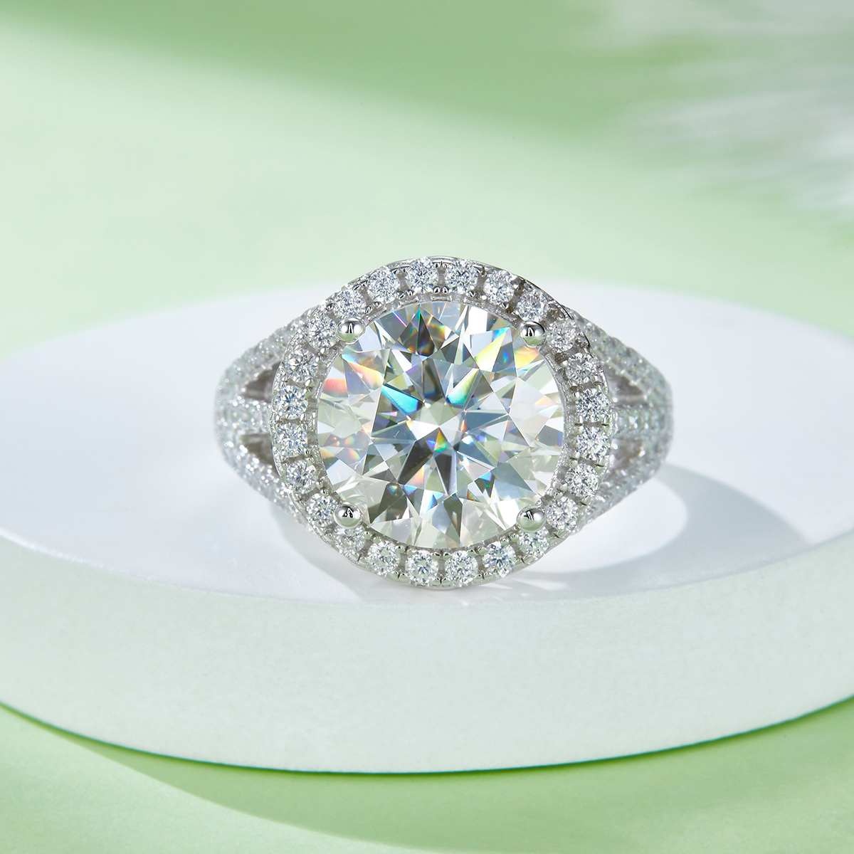 Classic Round Pack S925 Silver Plated White Gold Moissan Diamond Women's Ring 5.0 Carat D