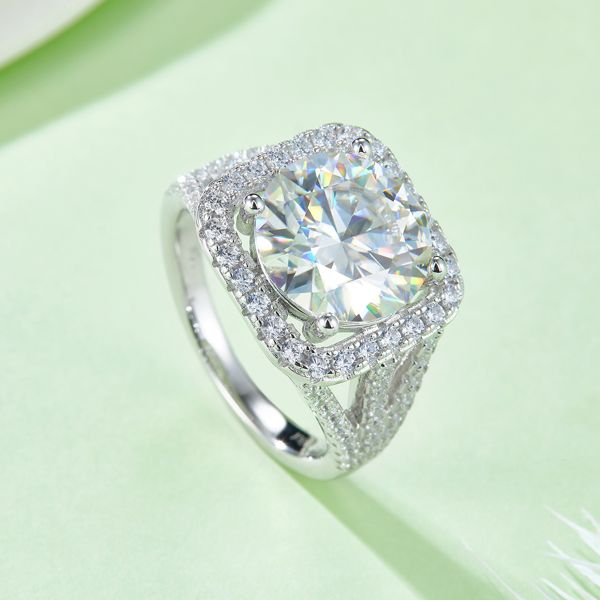 Classic Square Wrap S925 Silver Plated White Gold Moissan Diamond Women's Ring 5.0 Carat D