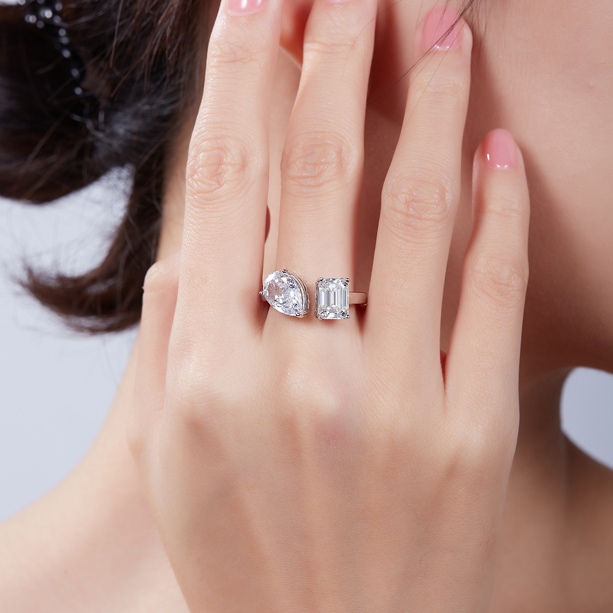 Pear Ice Flower Cut AND Baguette Moissanite Diamonds S925 silver plated white gold women's ring 2 ct D