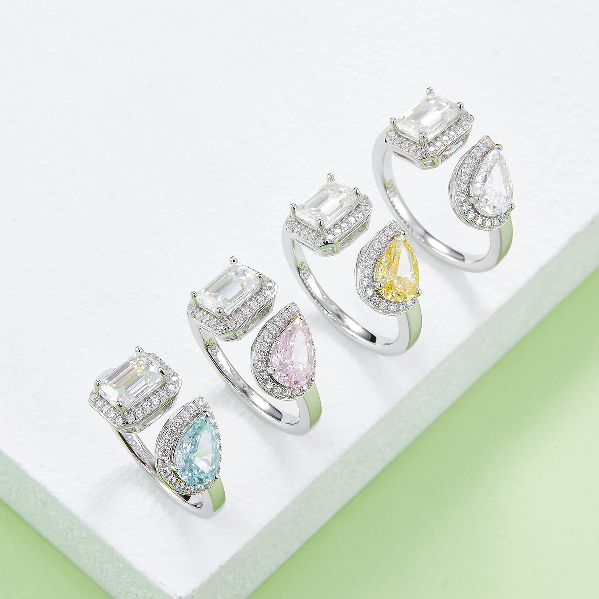 Pear Ice Cut AND Baguette Moissanite Diamond S925 Silver Plated White Gold Women's Ring 1 Carat Grade D