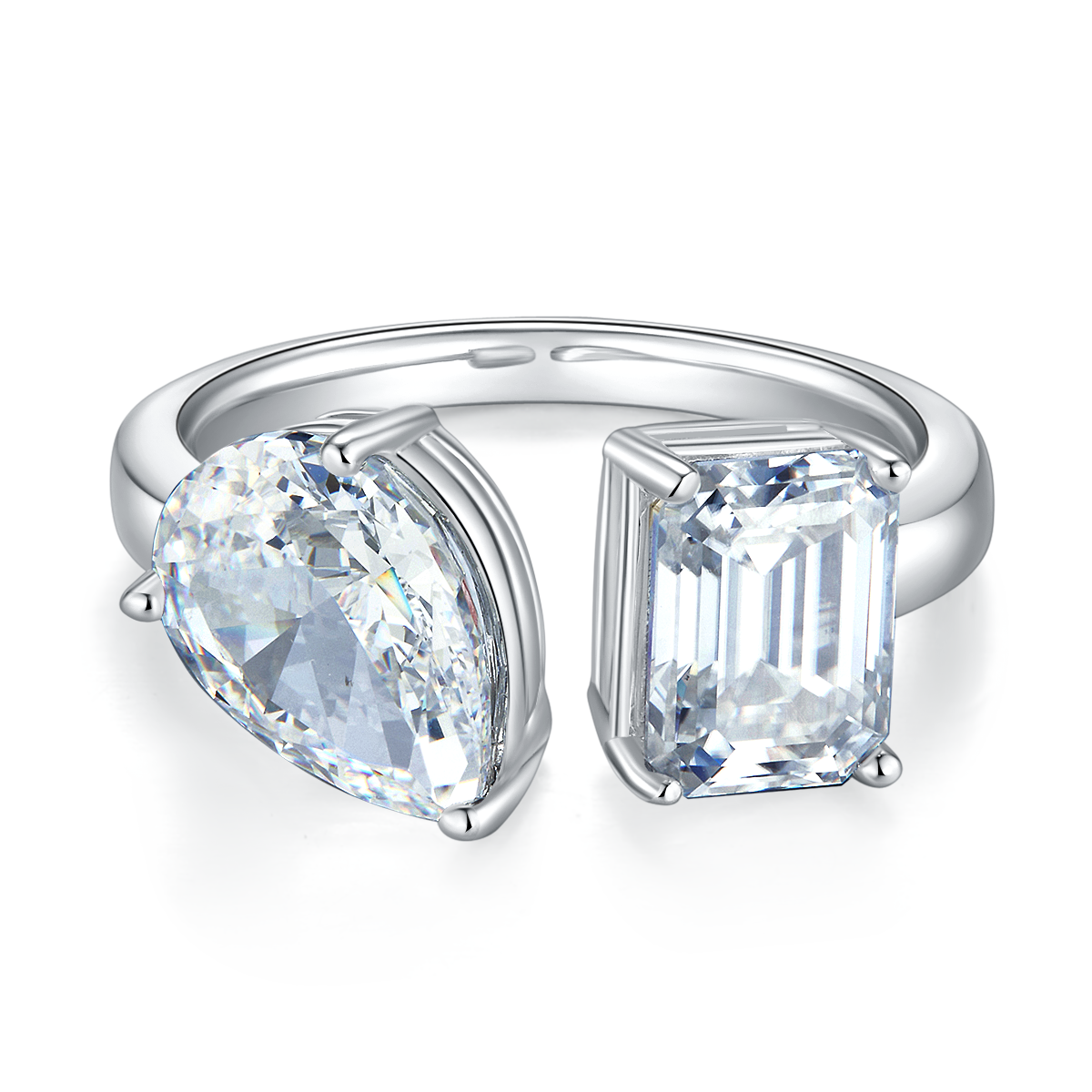 Pear Ice Flower Cut AND Baguette Moissanite Diamonds S925 silver plated white gold women's ring 2 ct D
