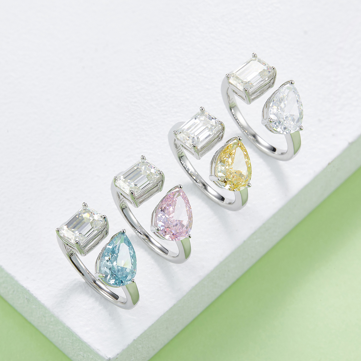 Pear Ice Flower Cut AND Baguette Moissanite Diamonds S925 silver plated white gold women's ring 2 ct D