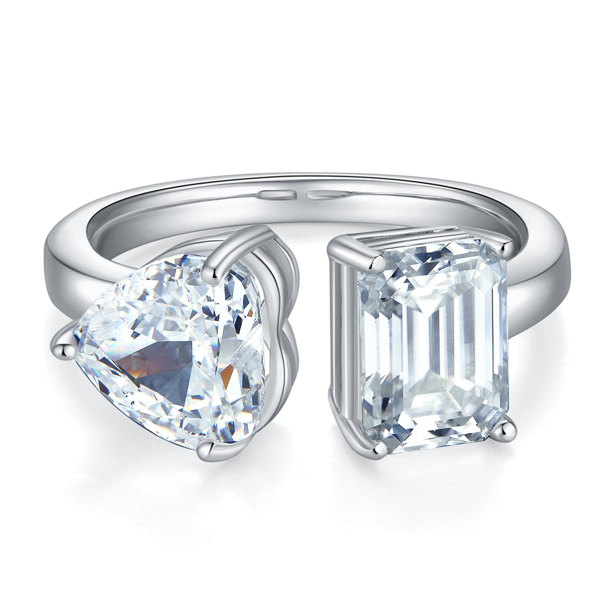 Heart Shaped Ice Cut AND Baguette Moissan Diamond S925 Silver Plated White Gold Women's Ring 2 Ct D