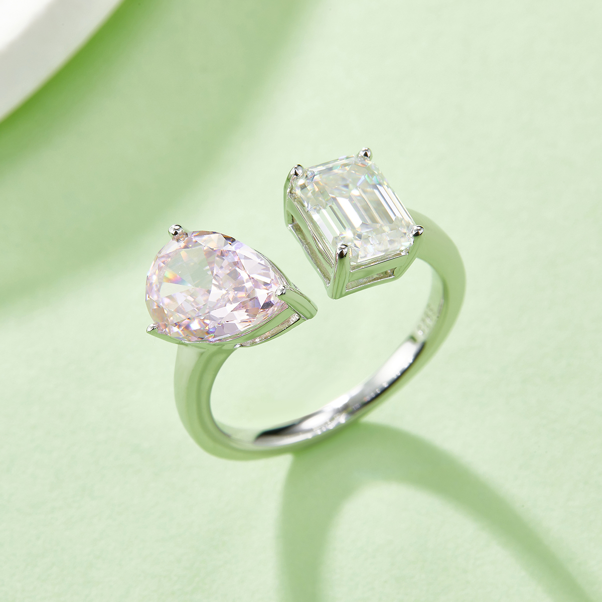 Pear Ice Flower Cut AND Baguette Moissanite Diamonds S925 silver plated white gold women's ring 2 ct D