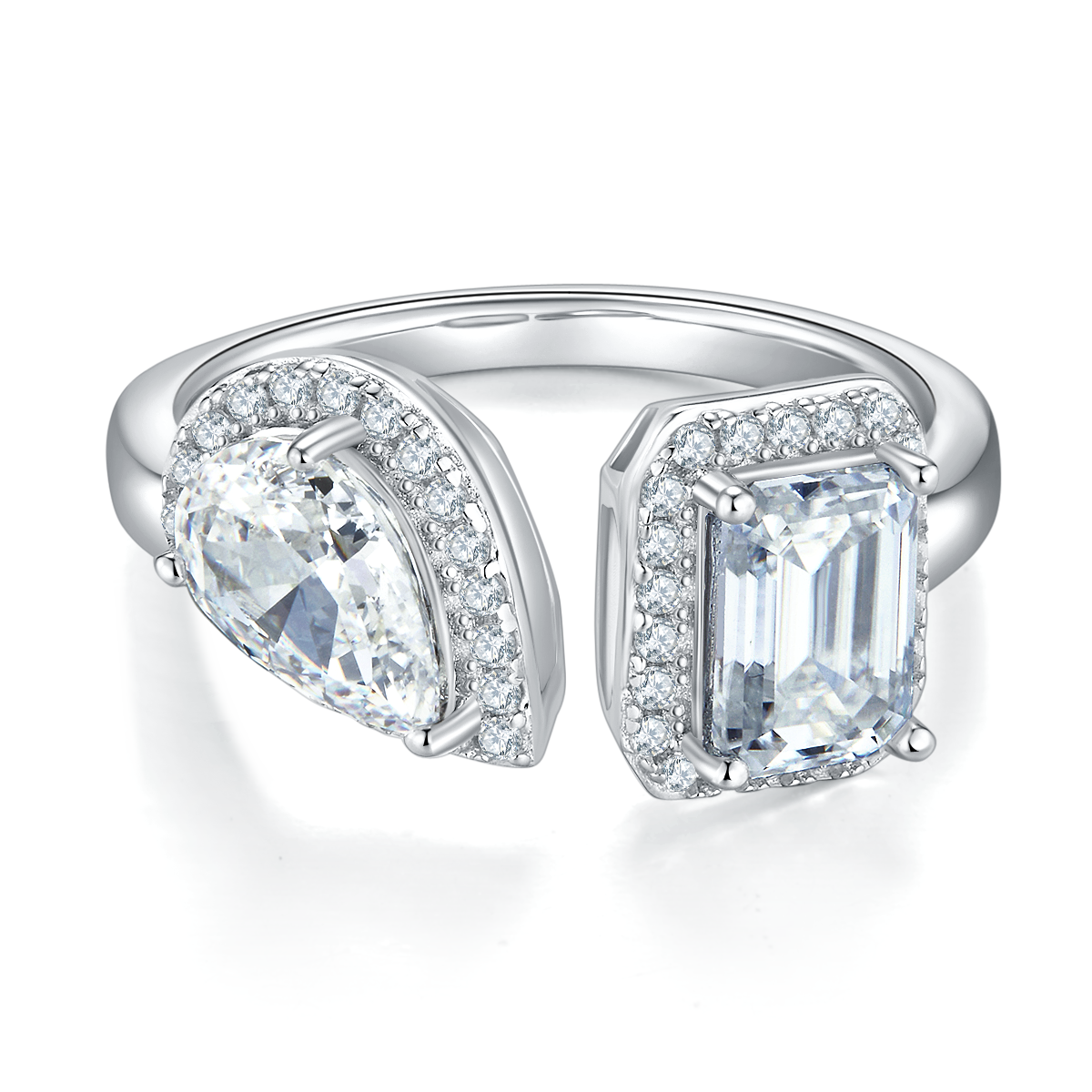 Pear Ice Cut AND Baguette Moissanite Diamond S925 Silver Plated White Gold Women's Ring 1 Carat Grade D
