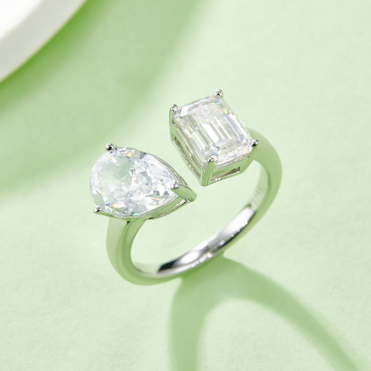 Pear Ice Flower Cut AND Baguette Moissanite Diamonds S925 silver plated white gold women's ring 2 ct D