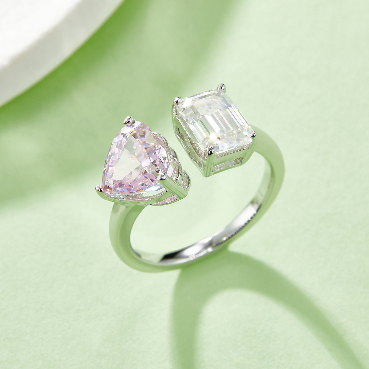 Heart Shaped Ice Cut AND Baguette Moissan Diamond S925 Silver Plated White Gold Women's Ring 2 Ct D