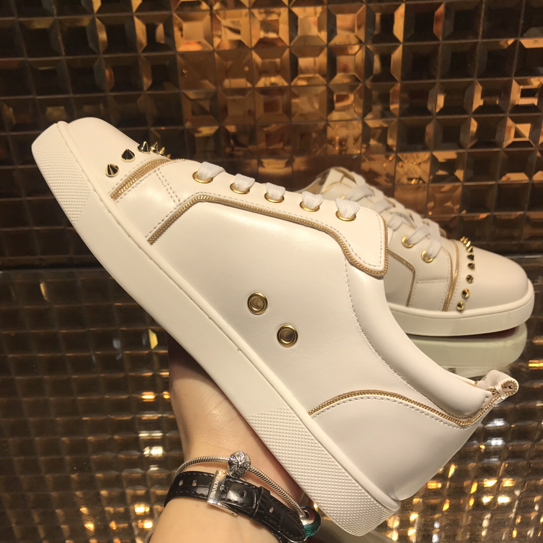 Christian Louboutin White Low Top Beige Stripe Gold Row Spikes Junior Shoes